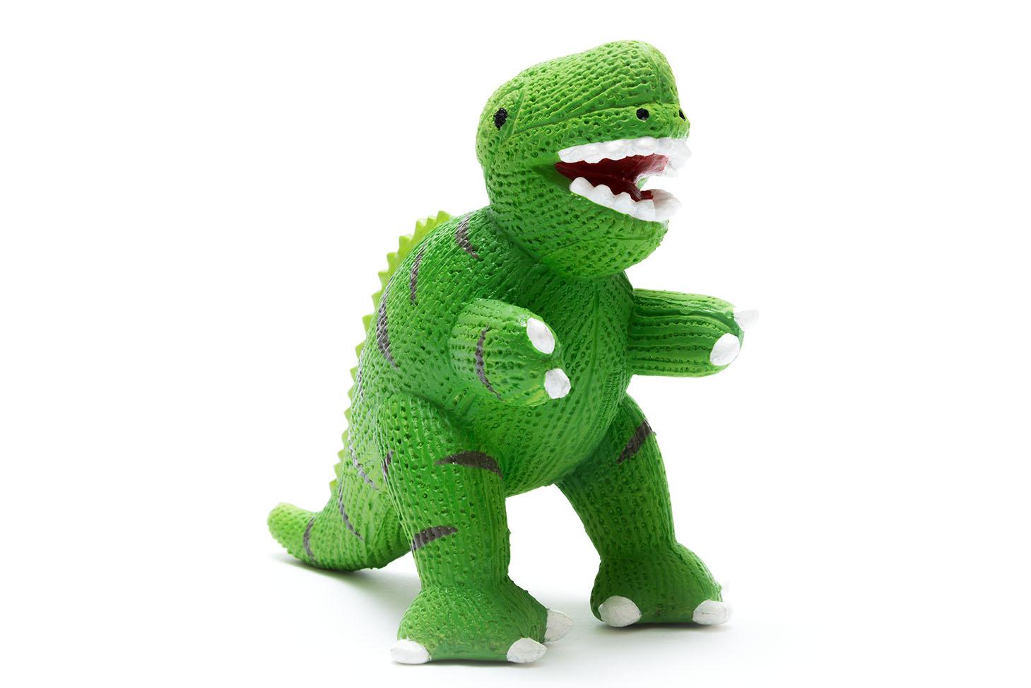 Green natural rubber T rex teether dinosaur toy for babies with textured finish on body